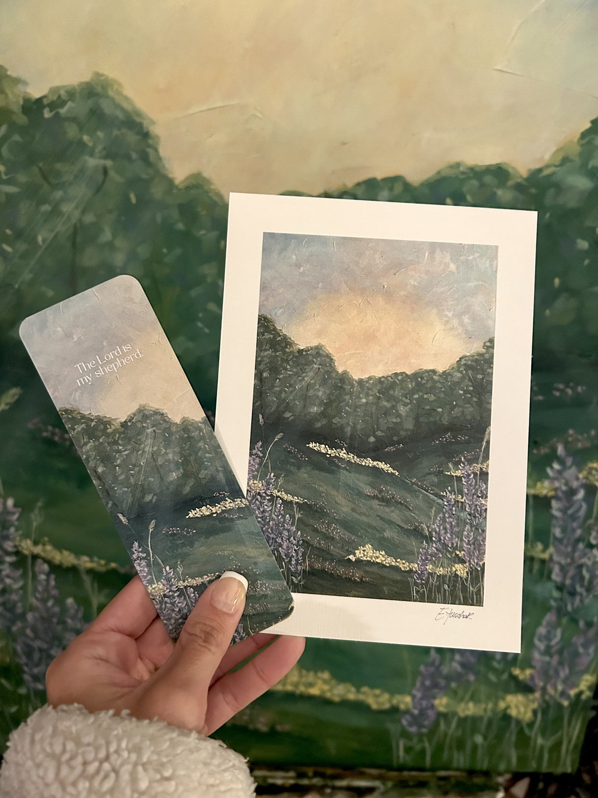 Perspective Piece 5x7 watercolor print of a misty meadow with lupines, shown with a matching bookmark